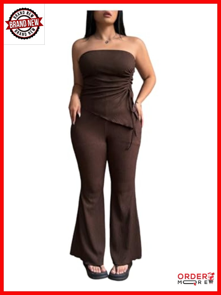 Plus Size Two Piece Outfit Strapless Tube Top And Flared Long Pants Set